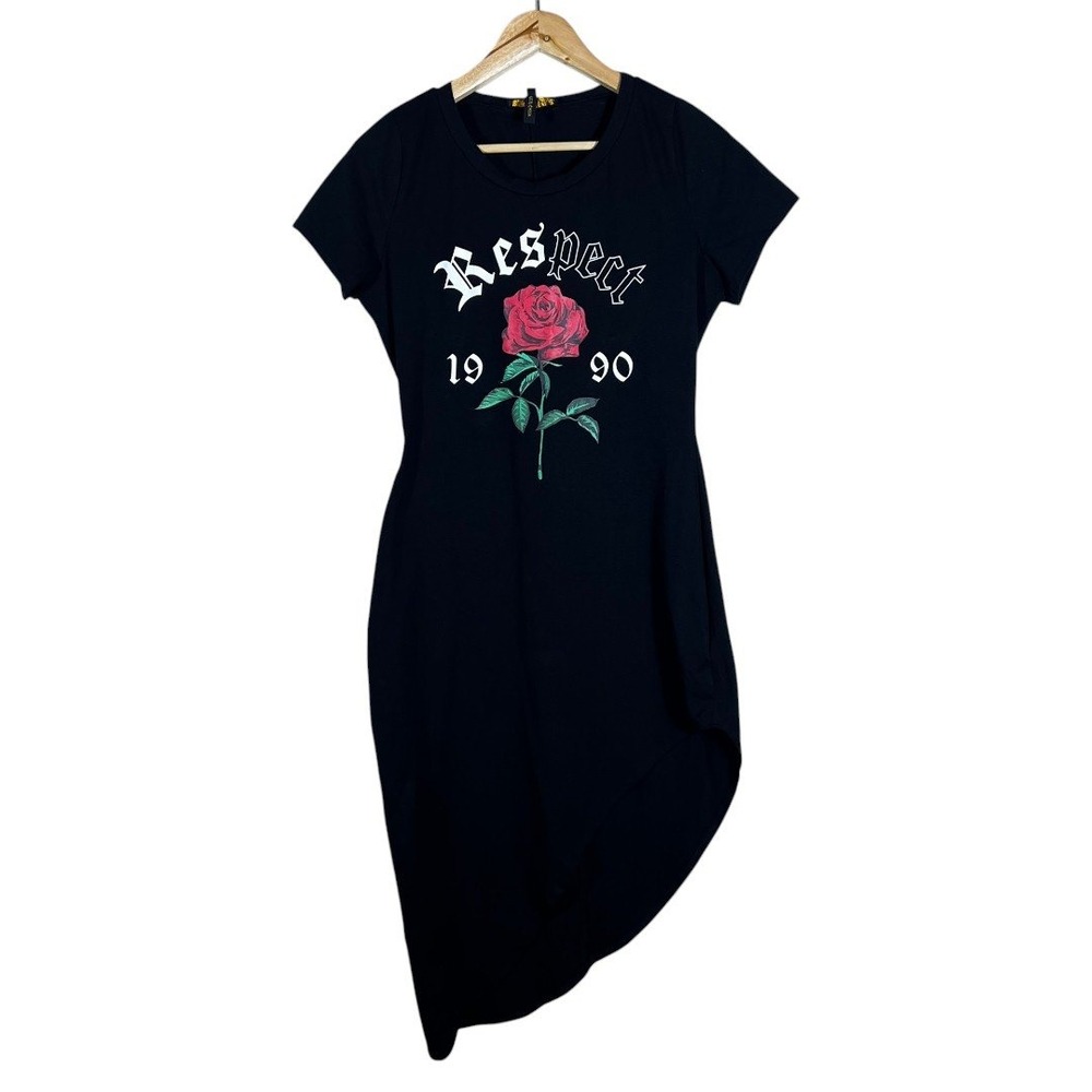 Minette Respect 1990 Rose Graphic Asymmetrical High Low T-Shirt Dress Size L